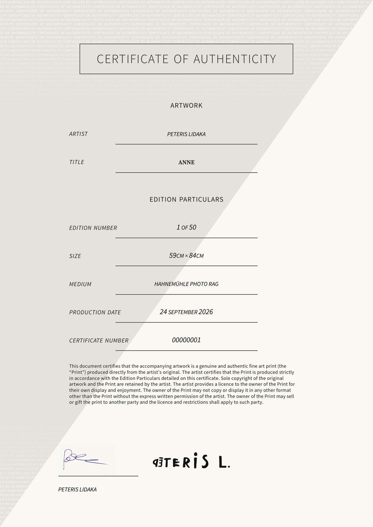 Anne — Certificate of Authenticity
